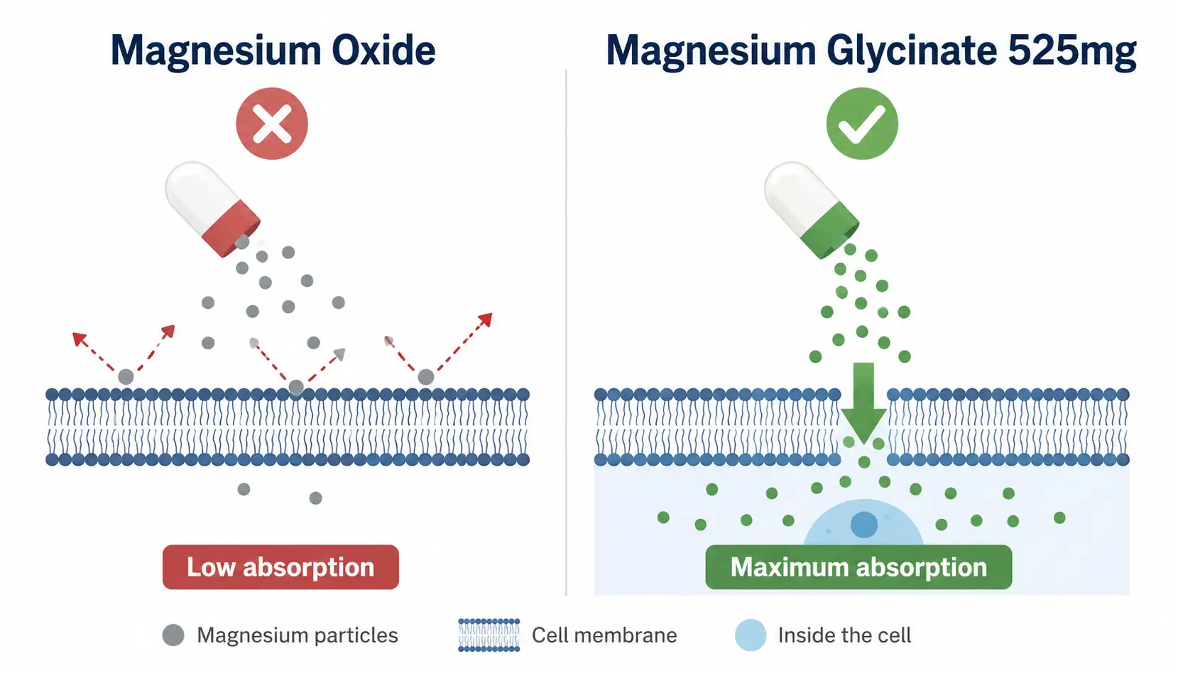 Felszívódási összehasonlítás: Magnesium Oxide vs Magnesium Glycinate 525mg